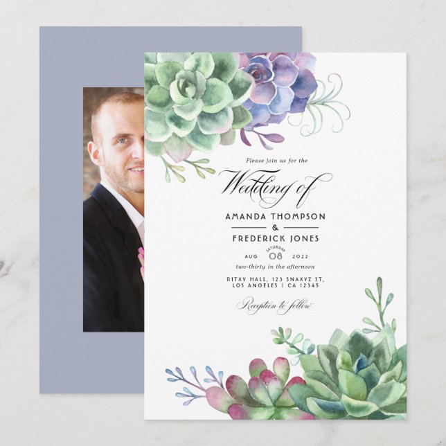Invitation Aquarelle Cactus Succulent Plante photo Mariage (Devant / Derrière)