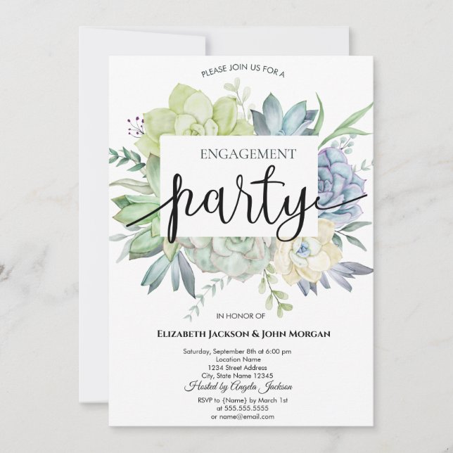 Invitation Aquarelle Cactus Succulents Points Fiançailles (Devant)