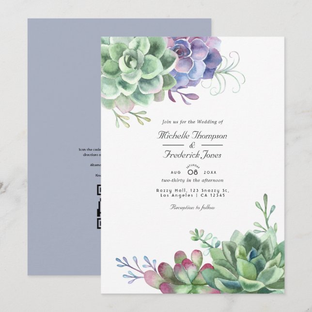 Invitation Aquarelle Cactus Succulents QR Code RSVP Mariage (Devant / Derrière)