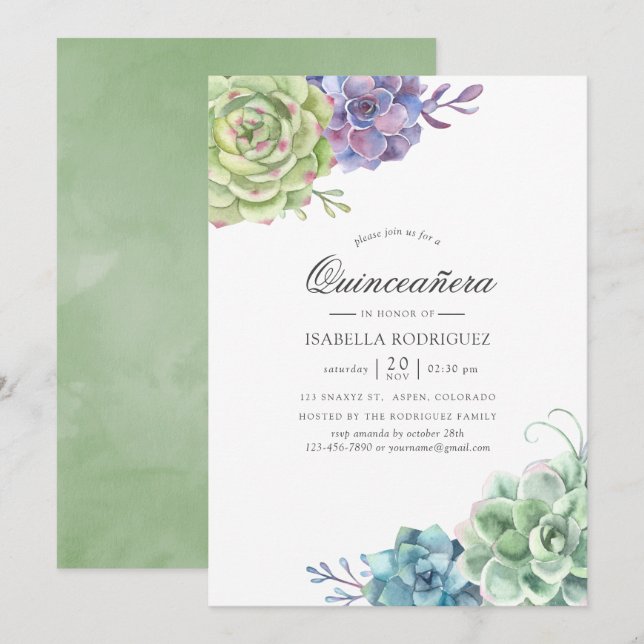 Invitation Aquarelle Cactus Succulents Quinceañera (Devant / Derrière)