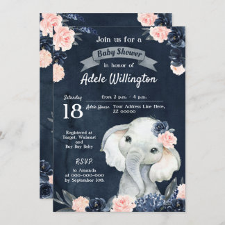 Invitation Aquarelle cadeau éléphant Floral Navy rose bébé