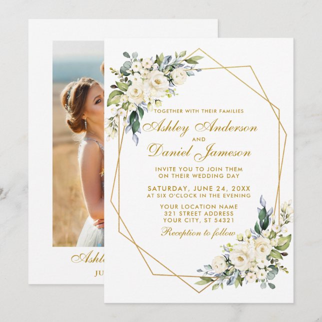 Invitation Aquarelle Cadre Floral Dusty Blue Photo Mariage (Devant / Derrière)