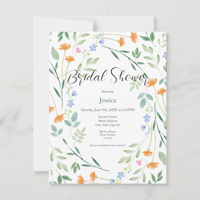 Invitation Aquarelle Cadre Floral Mixte (Devant)