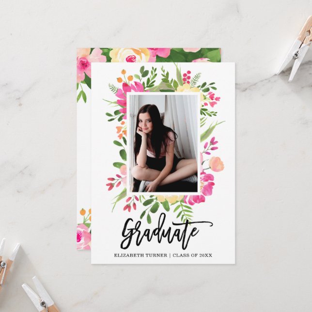 Invitation Aquarelle Cadre Floral Photo Script Graduation (Devant/Arrière en situation)
