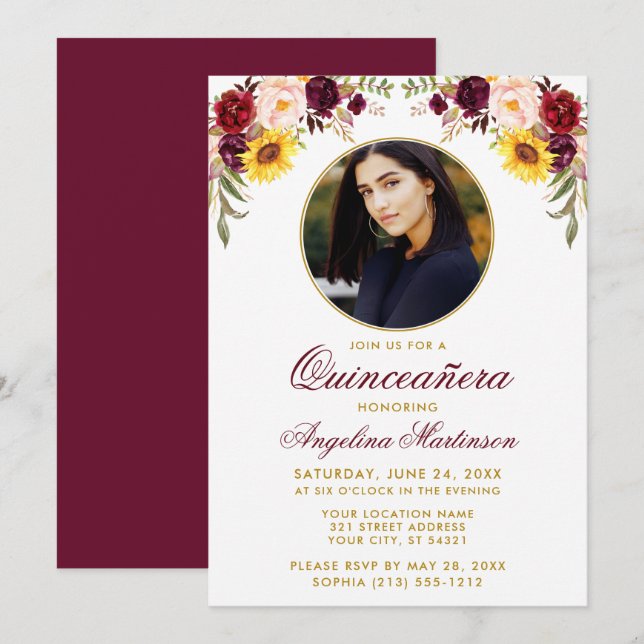 Invitation Aquarelle Cadre Rond Floral Mixte Quinceanera (Devant / Derrière)