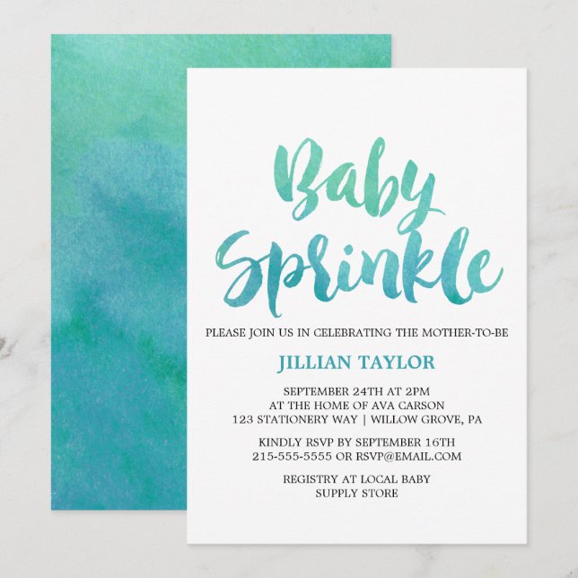 Invitation Aquarelle Calligraphie Bébé Sprinkel (Devant / Derrière)