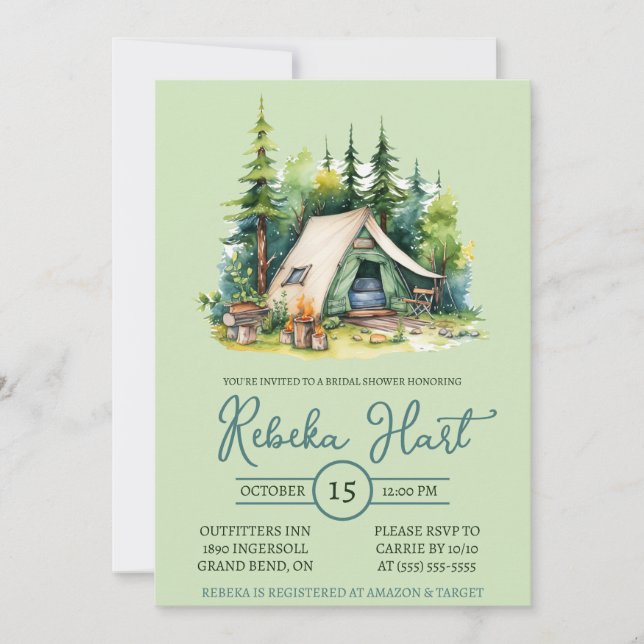 Invitation Aquarelle Camping, Tente, Extérieur, Fête des mari (Devant)