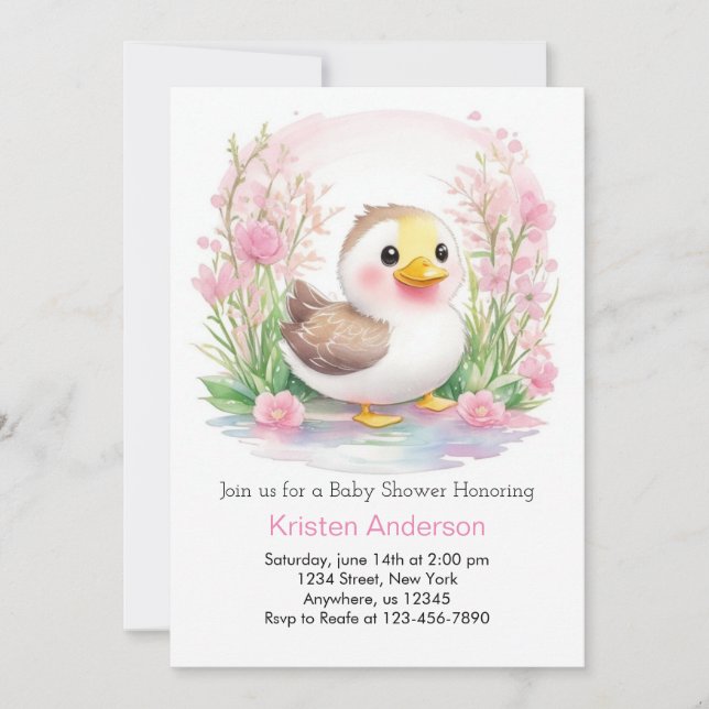 Invitation Aquarelle Canard mignon Baby shower fille rose (Devant)