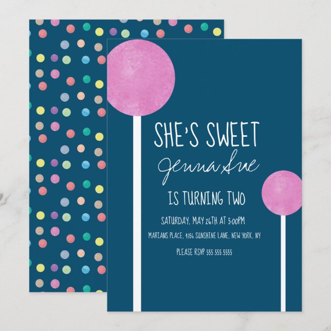 Invitation Aquarelle Candy Lollipop fête d'anniversaire rose (Devant / Derrière)