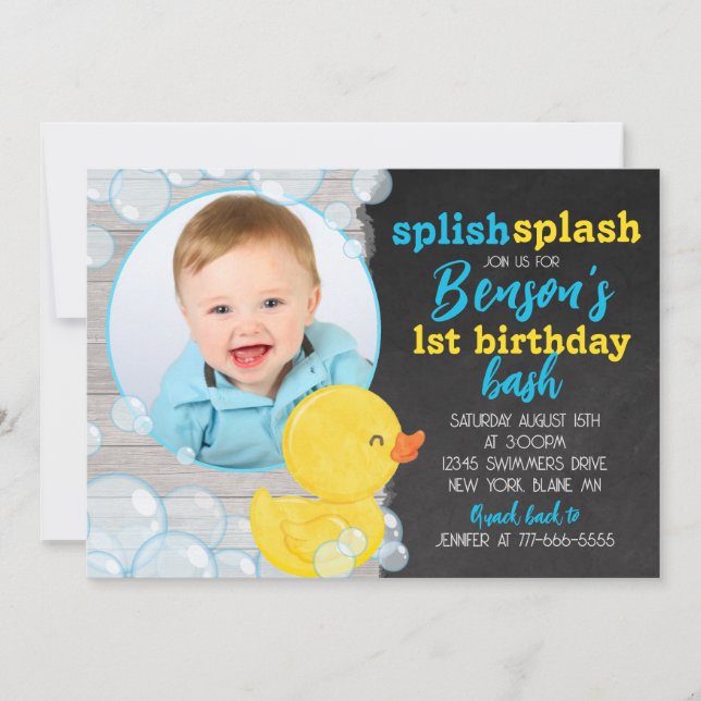 Invitation Aquarelle Caoutchouc Canard Chalkboard Photo Anniv (Devant)