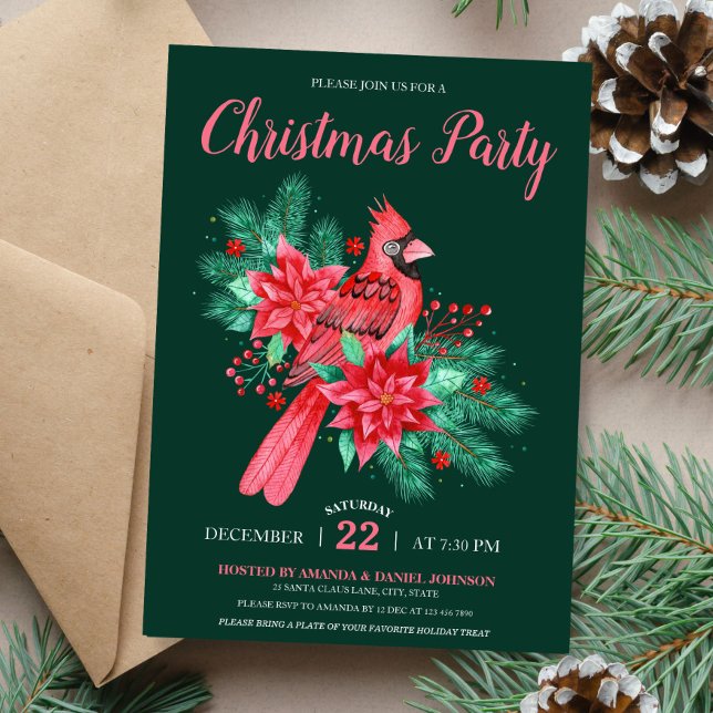 Invitation Aquarelle Cardinal Bird Fleur Noël (Watercolor Cardinal Bird Floral Christmas Party Invitation)