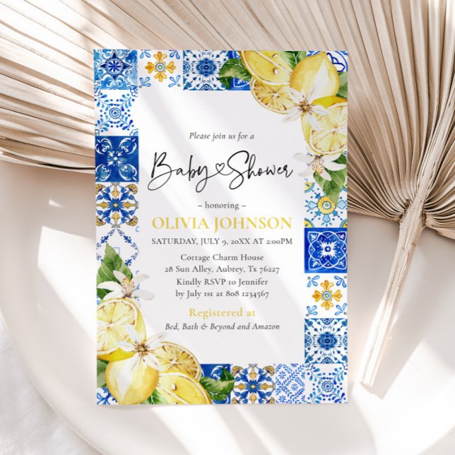 Invitation Aquarelle Carrelage bleu Citrons Baby shower itali (Créateur téléchargé)