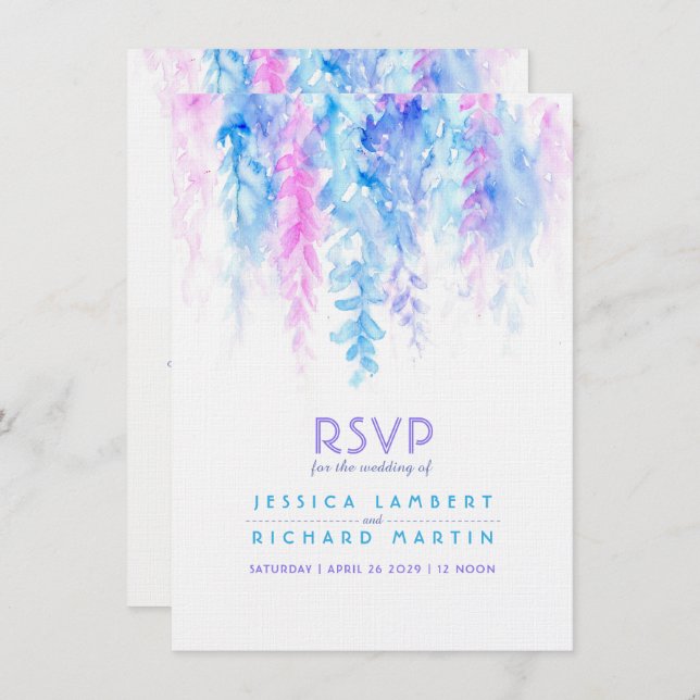 Invitation Aquarelle cascade bleu violet mariage RSVP (Devant / Derrière)