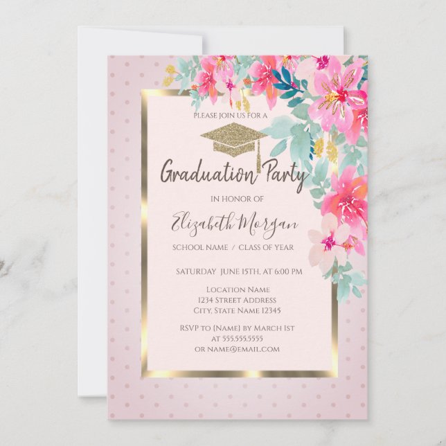 Invitation Aquarelle Casquette Gold Grad Fleurs Dots Graduati (Devant)