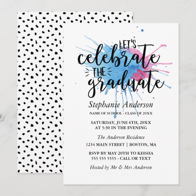 Invitation Aquarelle | Célébrer le diplômé (Devant / Derrière)
