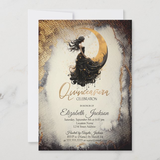 Invitation Aquarelle céleste fille lune or Quinceanera (Devant)