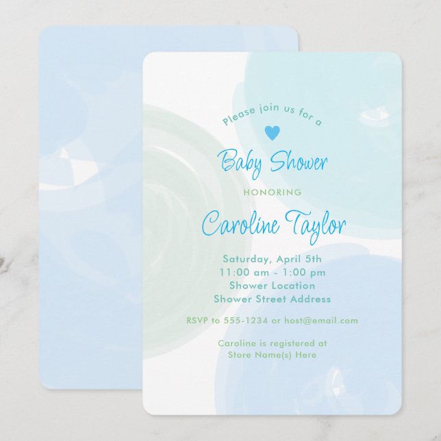 Invitation Aquarelle Cercles Bleu Vert Baby shower garçon (Devant / Derrière)