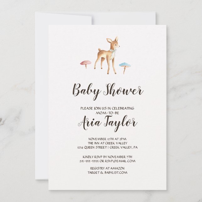 Invitation Aquarelle Cerf de Bébé avec Baby shower de champig (Devant)
