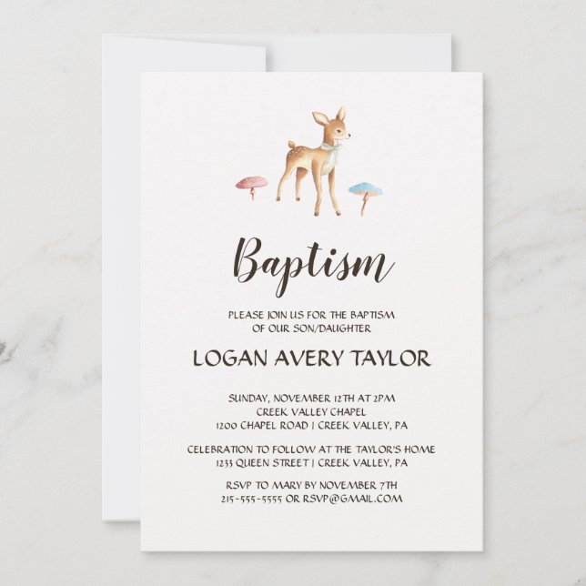 Invitation Aquarelle Cerf de Bébé avec Baptême de Champignons (Devant)