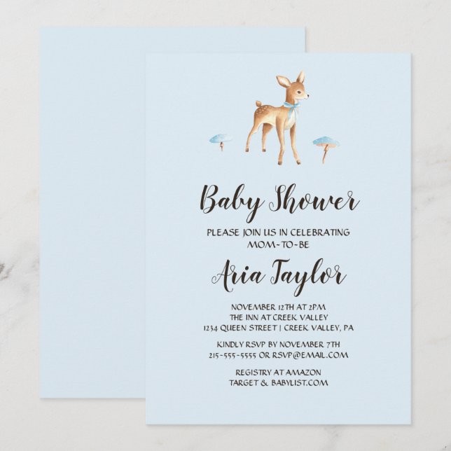 Invitation Aquarelle Cerf de garçon avec Baby shower de champ (Devant / Derrière)