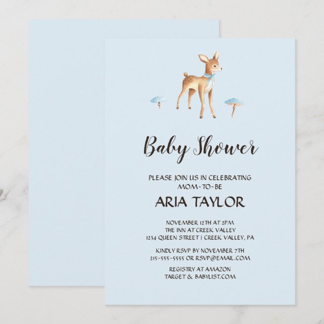 Invitation Aquarelle Cerf Garçon avec Baby shower Champignons (Devant / Derrière)