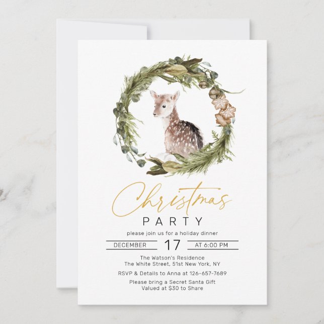 Invitation Aquarelle Cerf Pin Wire NoëlFête (Devant)