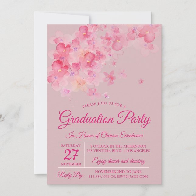 Invitation Aquarelle Cerise Fleur de Graduation (Devant)