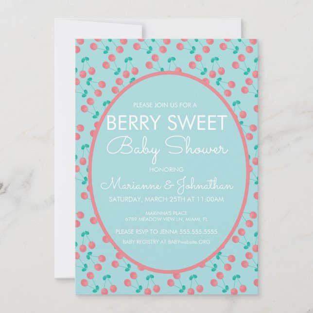 Invitation Aquarelle Cerises Fruit Berry Baby shower rose (Devant)