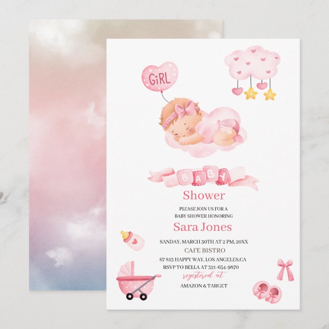 Invitation Aquarelle c'est fille Boho Nursery Baby shower In (Devant / Derrière)