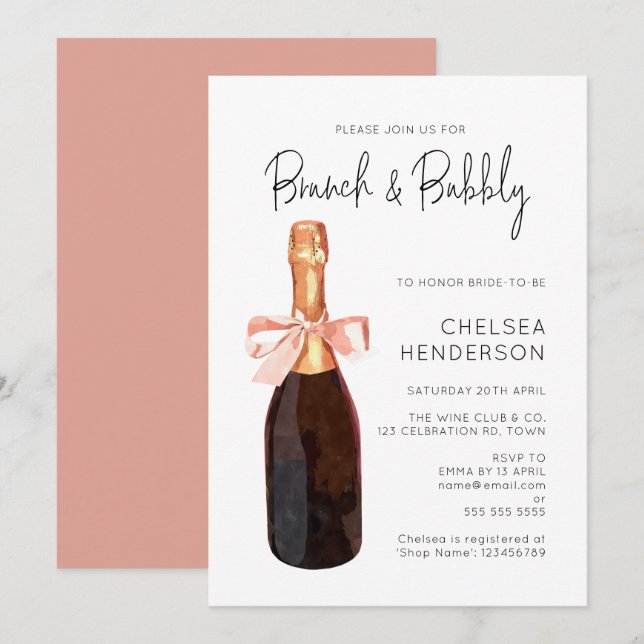 Invitation Aquarelle Champagne Rose Brunch & Douche Bubbly (Devant / Derrière)