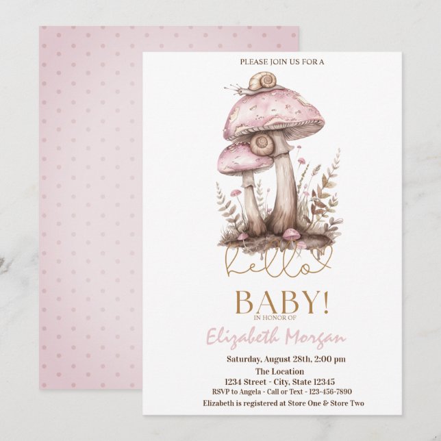 Invitation Aquarelle Champignons Escargots Baby shower des po (Devant / Derrière)