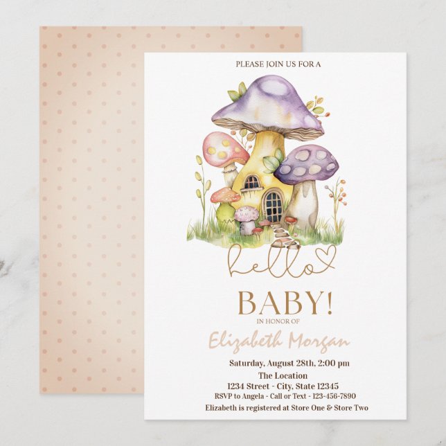 Invitation Aquarelle Champignons Fleurs Points Baby shower (Devant / Derrière)