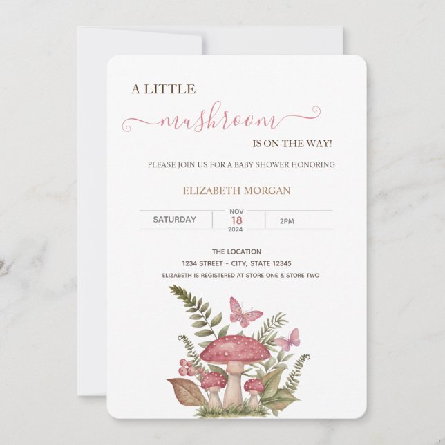 Invitation Aquarelle Champignons Papillons Baby shower (Devant)