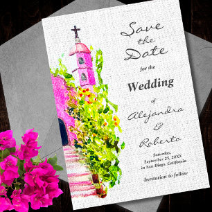 Invitation Aquarelle Chapelle rose Mariage mexicain Date de s
