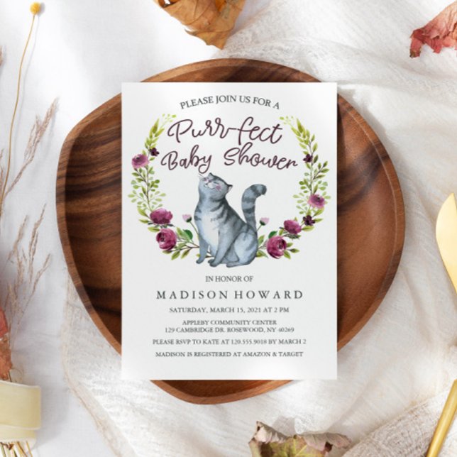 Invitation Aquarelle Chat Baby shower Purr-fect (Créateur téléchargé)