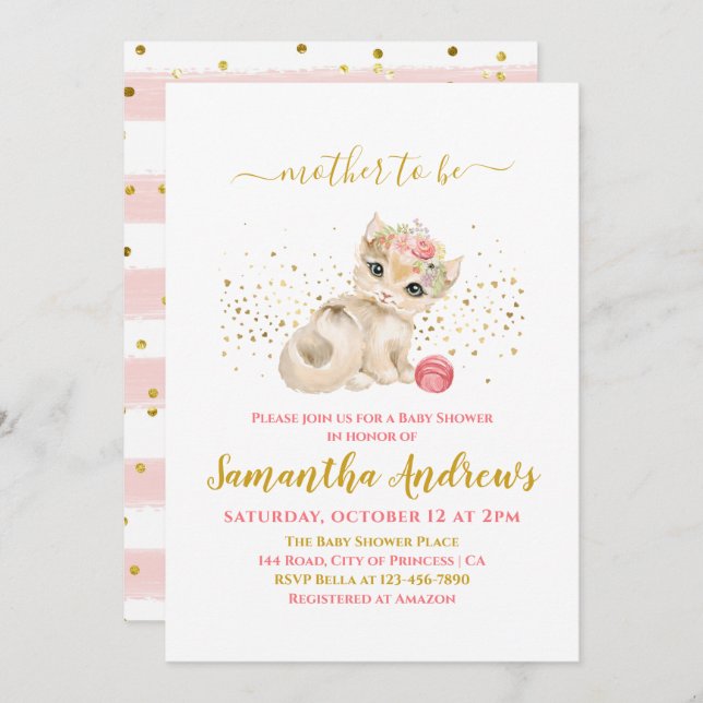 Invitation Aquarelle Chat bébé et Baby shower de fleurs (Devant / Derrière)