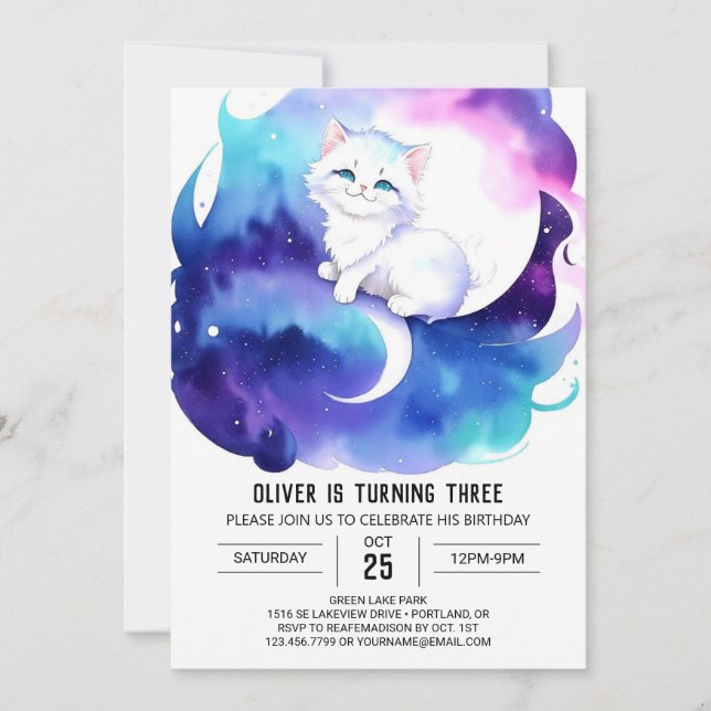 Invitation Aquarelle Chat Chic Anniversaire (Devant)