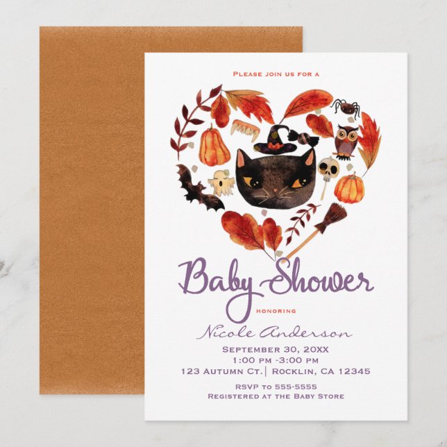 Invitation Aquarelle Chat noir Baby shower d'Halloween (Devant / Derrière)