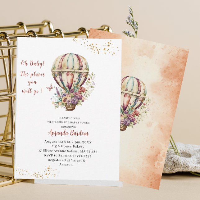 Invitation Aquarelle Chaud Air Ballon Fleur de rouille baby s (Créateur téléchargé)