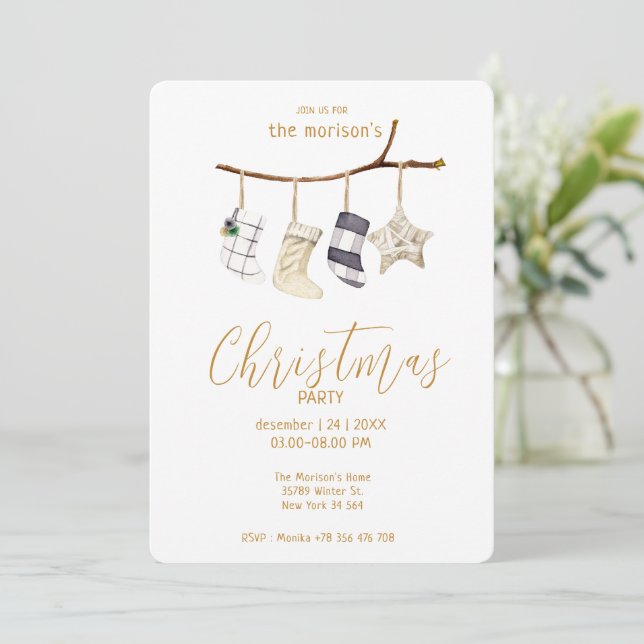 Invitation Aquarelle chaussettes de Noël style boho Invitatio (Debout devant)