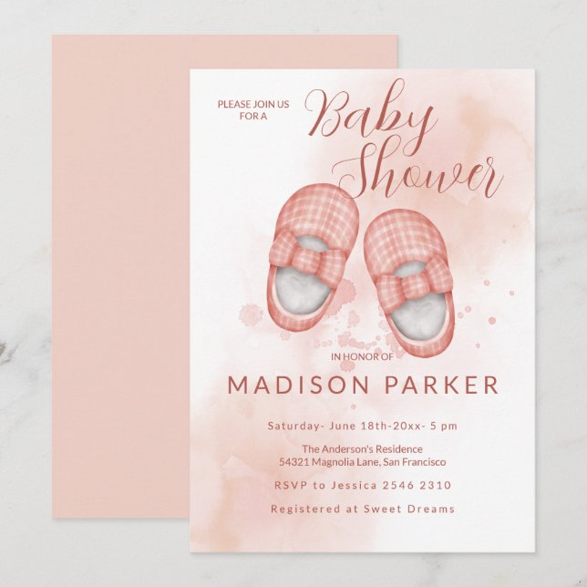 Invitation Aquarelle Chaussures pour bébé rose (Devant / Derrière)