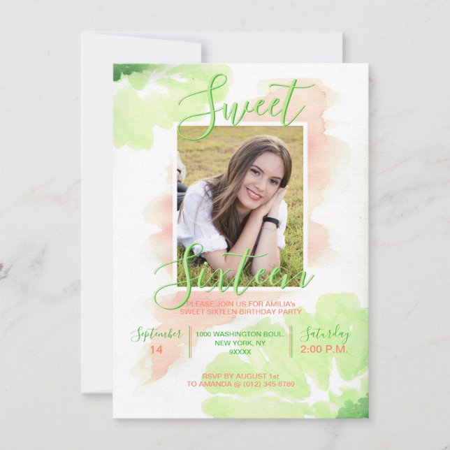 Invitation Aquarelle Chaux SWEET SIXTEEN floral rose 16 (Devant)