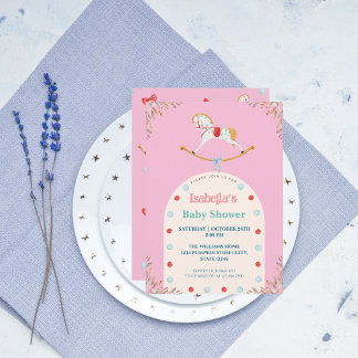 Invitation Aquarelle Cheval Rocse Baby shower rose