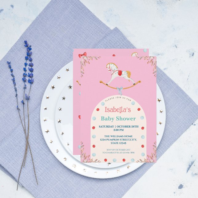 Invitation Aquarelle Cheval Rocse Baby shower rose (Créateur téléchargé)