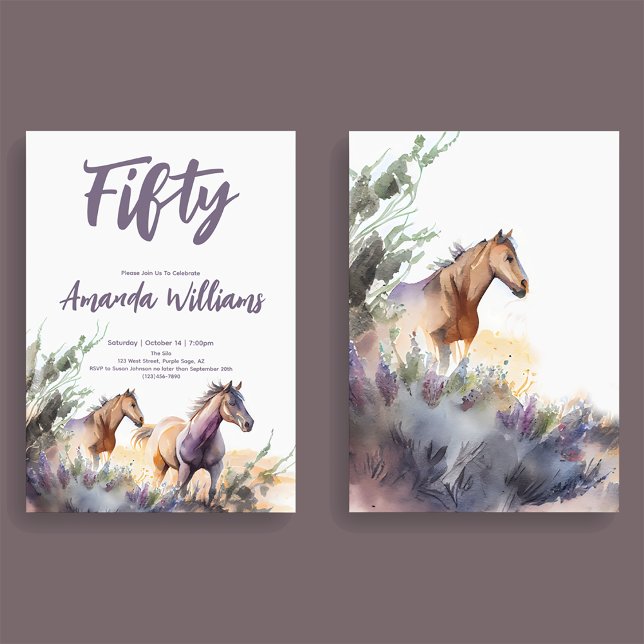 Invitation Aquarelle Chevaux Purple Sage Cinquantième anniver (Créateur téléchargé)
