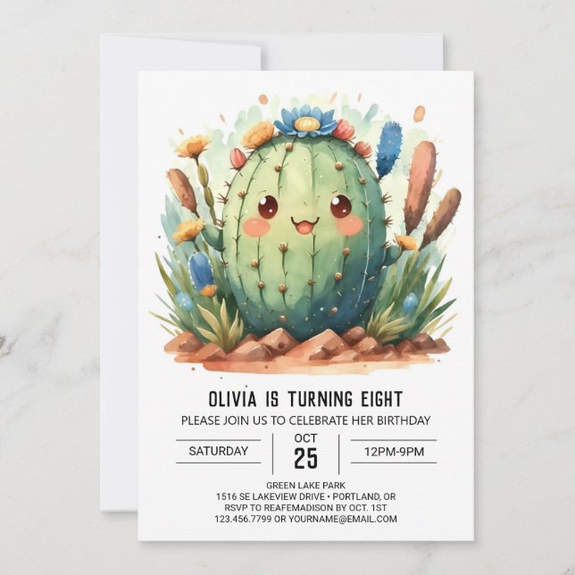 Invitation Aquarelle Chic Enfants Cactus Garçon Anniversaire (Devant)