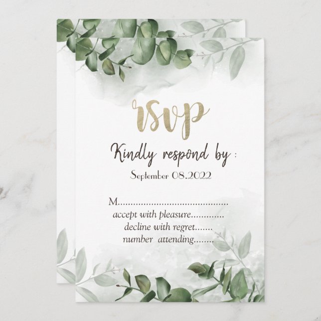 Invitation Aquarelle Chic Eucalyptus Vert RSVP (Devant / Derrière)