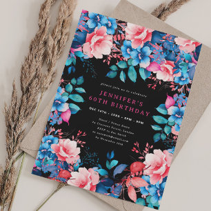 Invitation Aquarelle chic Floral 60e anniversaire Noir