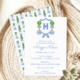 Invitation Aquarelle Chinoiserie Bleu Topio Monogramme Crest