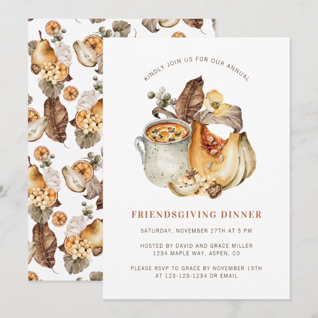 Invitation Aquarelle Chute Citrouille Nourriture Thanksgiving (Devant / Derrière)